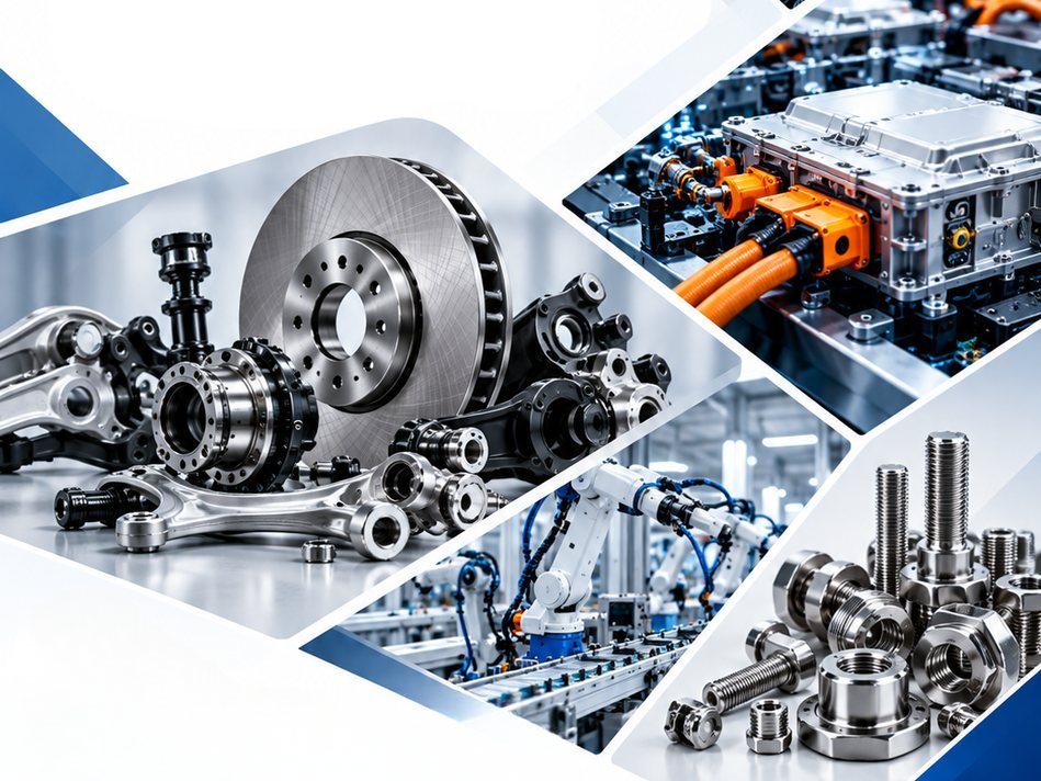 Collage of automotive parts, EV battery module, automation line and precision fasteners